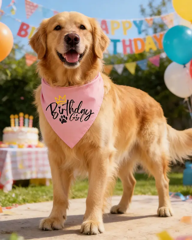 Bandana Festeggiato color rosa · birthday girl indossata da un cane