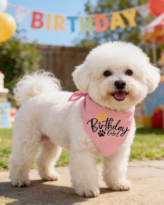 Bandana Festeggiato color rosa · birthday girl indossata da un cane